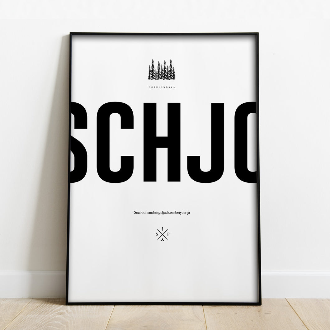svartvit-text-tavla-norrländska-ordet-schjo-poster